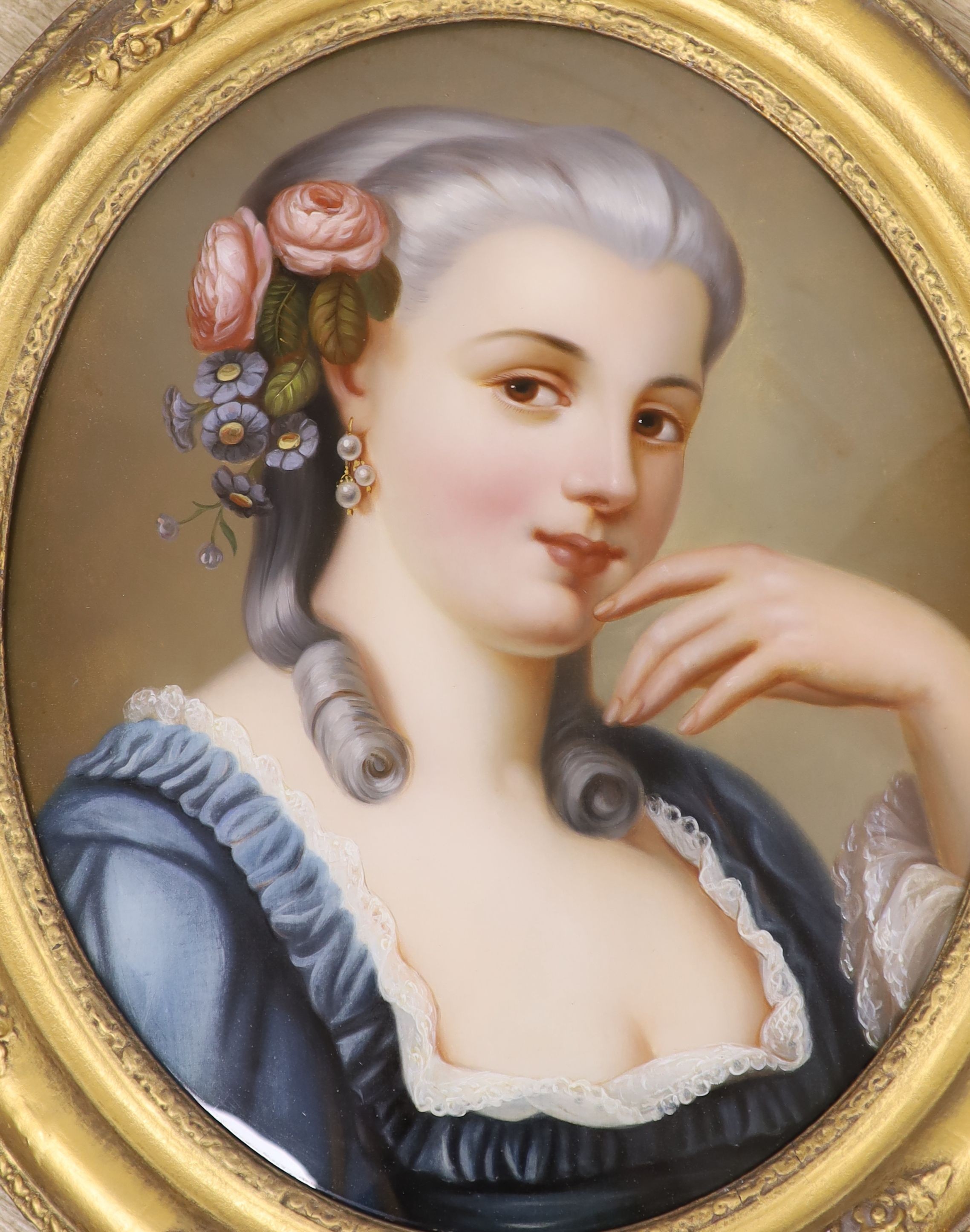19th century French School, reverse painting on glass, Portrait of a lady, oval, 45 x 36cm